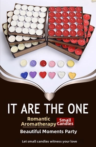 Assorted colorful tea lights in round and heart shapes packed in a 50-count craft box