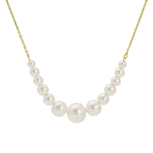Elegant gold chain necklace with gradient white pearls in a symmetrical curved layout