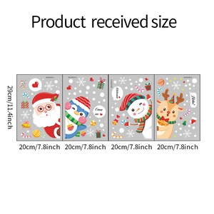 Size specifications for four Christmas window stickers with Santa, penguin, and deer designs