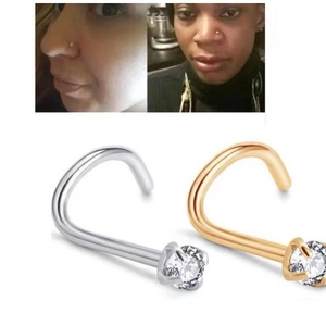 L-shaped G23 titanium nose stud set with sparkling cubic zirconia in gold and silver finish