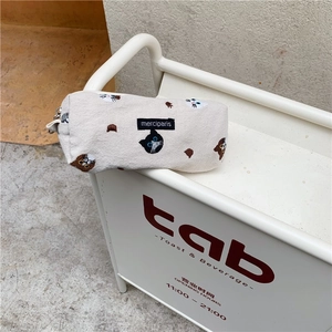 Japanese style beige canvas pencil case with cute embroidered cats and large capacity