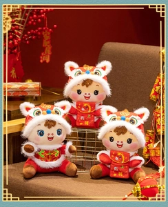 Detail of three horse zodiac plush toys in Tang suits for Lunar New Year decor.