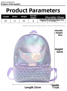 Detail of mermaid backpack showing laser fish tail and embossed scales on purple PU leather
