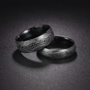 Damascus Pattern Stainless Steel Ring For Men Black Etched Wood Grain Band Vintage Punk Jewelry Gift