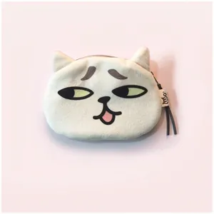 Cute white plush cat coin purse with funny facial expression and metal zipper