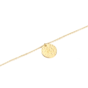Minimalist 14K gold plated necklace featuring a 13mm hammered round disc pendant
