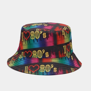 Detail of retro graffiti bucket hat with colorful I Love 80s pattern and rainbow gradient