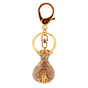 Golden sparkling crystal money bag keychain with dollar sign and lobster clasp