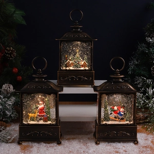 Christmas Lighted Snow Globe Lantern Vintage Bronze Musical Water Filled Swirling Glitter LED Santa Snowman Decor