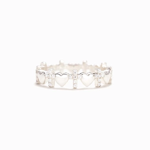 S925 sterling silver heart and cross ring with cubic zirconia stones in silver finish