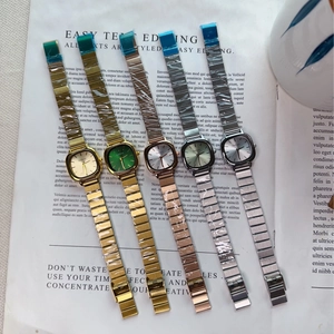 Five assorted colors of women's square quartz watches with mesh stainless steel bands