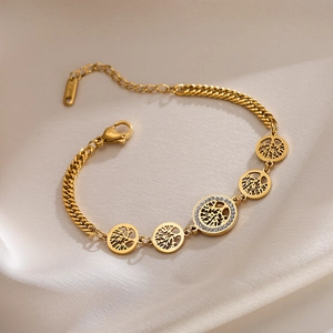 Tree Of Life Heart Charm Bracelet Stainless Steel Zircon Inlaid Gold Plated Adjustable Jewelry For Women
