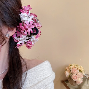 Vue détaillée de la pince à cheveux fleurs roses et boucle d'oreille flocon