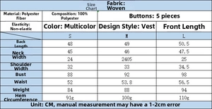 Size chart for women's rainbow striped vest showing measurements in CM for S, M, L