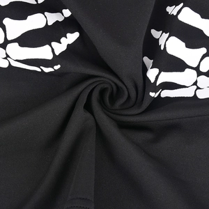 Close-up of black knit fabric featuring white skeletal palm print and texture detail