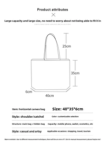 Detailed size chart for a white canvas tote bag showing 40x35x6cm dimensions and pockets