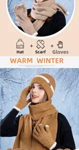 Winter 3-piece set featuring warm knitted beanie, scarf and touchscreen gloves in camel