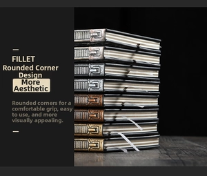 Detail of A5 PU notebook featuring rounded corners and metallic vintage spine decoration