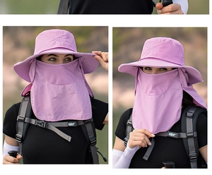 Détail du chapeau de randonnée violet avec masque respirant et protection de la nuque