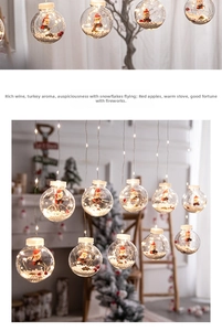 Detail of Christmas LED light globes with Santa figures, snow, and pine cones