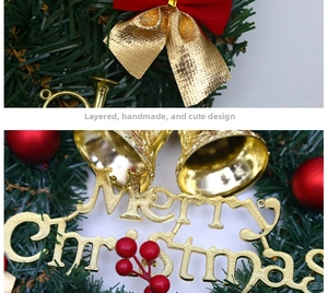Detailed view of Christmas wreath featuring red bows, gold bells and Merry Christmas sign