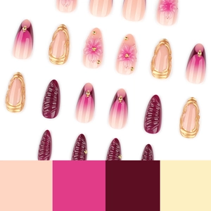 Faux ongles 3D à fleurs élégants avec dégradé rose et pointes françaises dorées