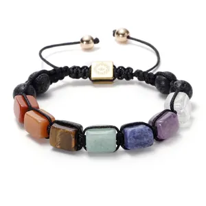 Handmade woven bracelet with seven colorful natural stones and black lava beads