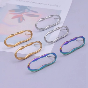 Polished wave hollow oval stud earrings in silver, gold and rainbow metallic finishes