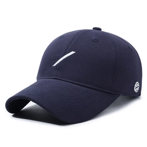 Minimalist navy blue cotton baseball cap with white diagonal embroidery and side logo