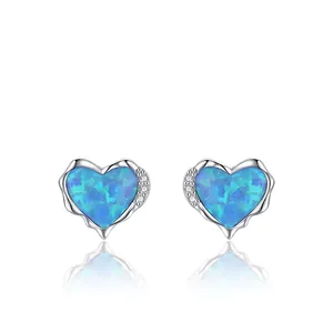S925 sterling silver heart-shaped blue opal stud earrings with cubic zirconia accents