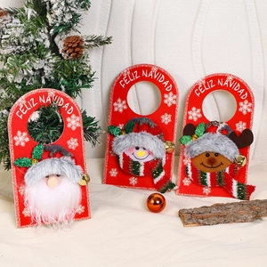 Three-piece Christmas door hangers featuring Santa, snowman and elk with bells and plush details