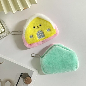 Cute house-shaped plush coin purse and green triangle pouch with silver bead chains