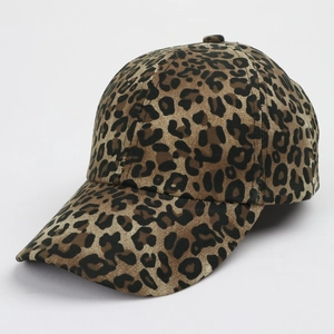 Close-up of vintage leopard print baseball cap showing detailed fabric texture and patterns