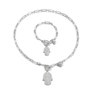 Silver stainless steel Hamsa hand necklace and bracelet set with paperclip chain