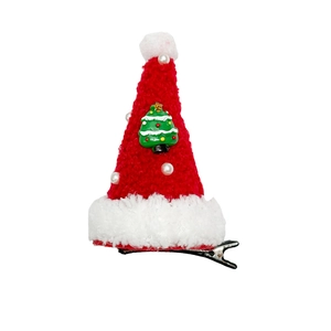 3D Christmas hat hair clip with red plush fabric, white pearls and green tree decoration
