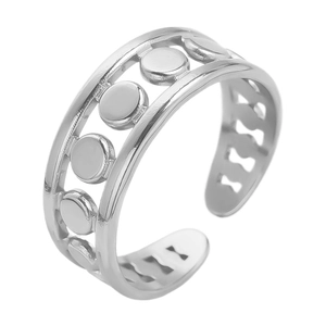 Detailed view of silver minimalist 304 stainless steel ring with double-layered round disks