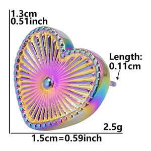 Detailed view of rainbow heart earring with radial texture and precise dimensions