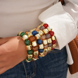 Vintage acrylic geometric beaded bracelet with glitter round beads and gold metal spacers