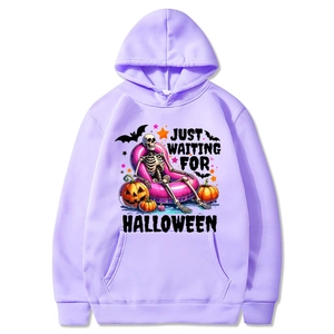 Lavender purple Halloween hoodie with front pocket and spooky graphic print for adults