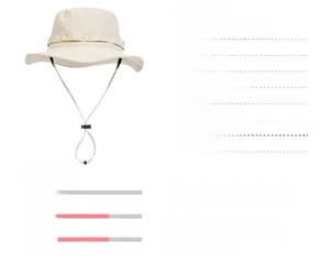 Detailed size chart and material specifications for a beige outdoor polyester bucket hat