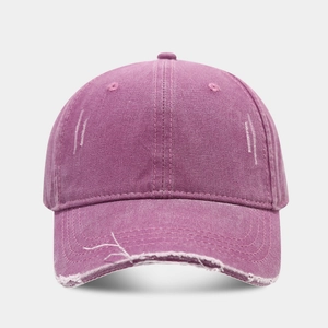Distressed pastel purple washed cotton baseball cap with vintage frayed ripped details