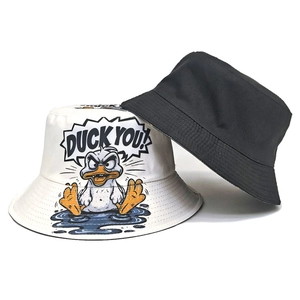 Stylish bucket hats in black and white featuring creative cartoon duck print and slogan