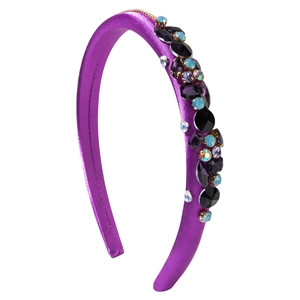 Elegant purple satin headband with sparkling colorful rhinestones on white background