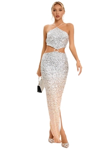 Gradient Sequin Halter Top And Side Slit Maxi Dress Women Backless Bodycon Evening Party Clubwear