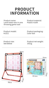 Detailed view of dual-use throwing game rack with dimensions and plastic frame assembly