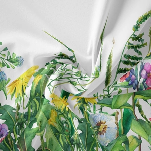 Close-up of bohemian floral tapestry fabric with watercolor botanical patterns and soft folds