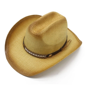 Classic straw cowboy hat with brown leather band and intricate hand-woven details