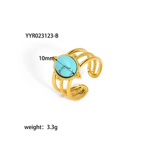 Macro detail of adjustable gold ring featuring an oval turquoise stone and triple-line band