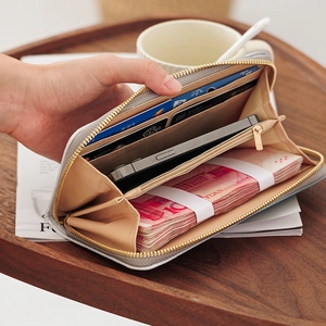 Gray long zip-around wallet for women with multi-card slots and large capacity