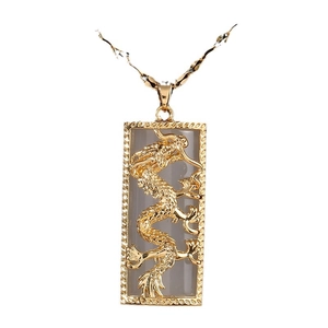 Golden square dragon pendant necklace with detailed relief carving and twist chain